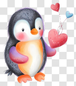 Pastel Valentine Penguin - Cute Penguin Holding Heart Balloons Transparent PNG