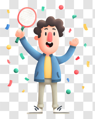 Cartoon Man Holding Racket - Happy Tennis Player Celebrating Victory Transparent PNG