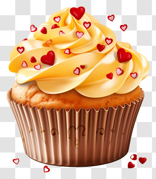 Cupcake - Yellow Cupcake With Heart Toppings Transparent PNG