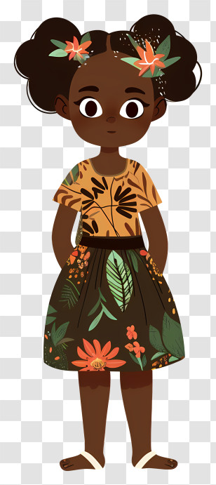 African Girl - Cute Cartoon Girl In Floral Dress Transparent PNG