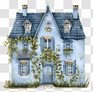 Blue House - Picturesque Ivy-Covered Blue House Illustration Transparent PNG