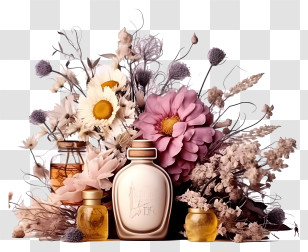 Perfume Bottle - Perfume Bottles Surrounded By Flowers Transparent PNG