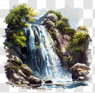 Summer - Beautiful Waterfall Scene With Forest Surroundings Transparent PNG