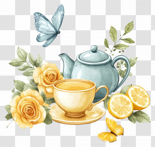 Rose - Watercolor Tea Set With Floral And Butterfly Composition Transparent PNG