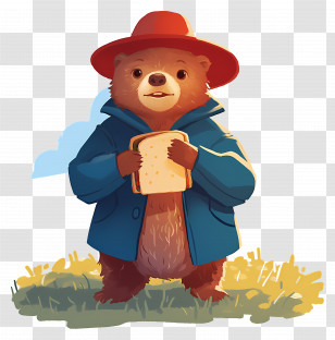 Paddington - Cartoon Bear With Sandwich In Red Hat And Blue Coat Transparent PNG