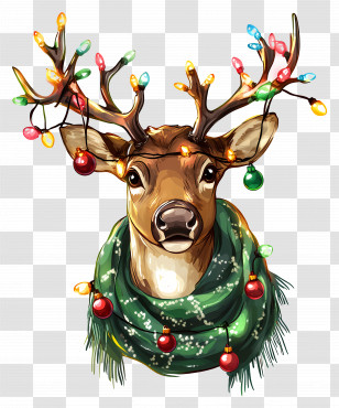 Christmas Deer - Reindeer Adorned With Festive Lights And Scarf Transparent PNG