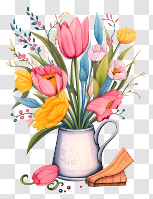 Digital Painting - Vase With Colorful Spring Flowers Transparent PNG