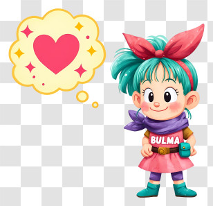 Bulma Thinking - Teal-Haired Cartoon Girl With Heart Thought Bubble Transparent PNG