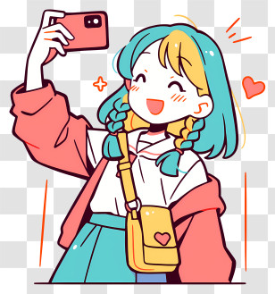 Anime Kawaii Girl Selfie - Teal-haired Girl Taking Selfie Transparent PNG