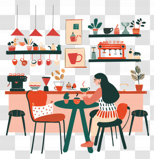 Cozy Cafe - Woman Enjoying Coffee In A Cafe Transparent PNG