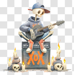 Skeleton Holding Electric Guitar - Skull Guitarist Halloween Illustration Transparent PNG