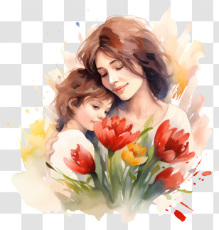 Mothers Day - Mother And Child With Flowers Transparent PNG