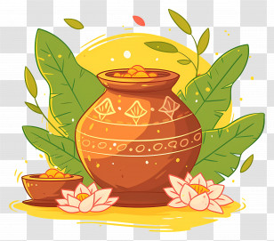 Akshaya Tritiya - Decorative Pot With Food And Leaves Festive Display Transparent PNG