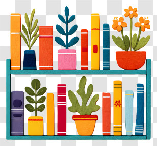 Bookshelf With Books - Colorful Bookshelf With Plants Transparent PNG