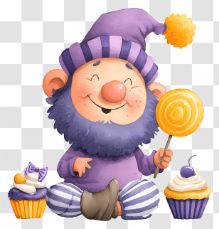 Cartoon Dwarf Holding Lollipop - Cute Gnome With Lollipop And Cupcakes Transparent PNG