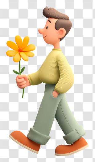Young Man Walking With Yellow Flower Transparent PNG