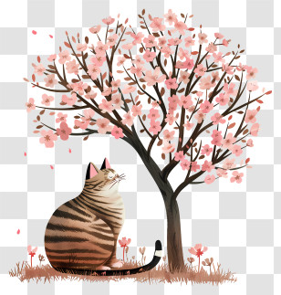 Cat Under Tree - Striped Cat Under Blossoming Cherry Tree Transparent PNG