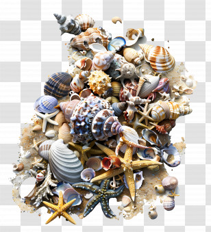Beachcombing - Collection Of Seashells And Starfish On Sand Transparent PNG