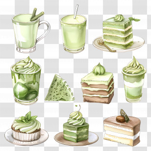 Matcha Desserts - Assortment Of Matcha Desserts And Drinks Transparent PNG