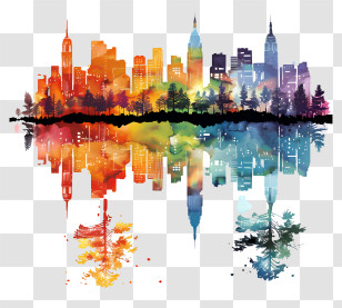 City â€‹â€‹silhouette - Colorful Cityscape With Reflection Transparent PNG