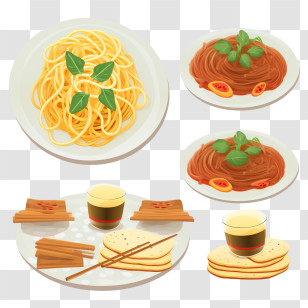Spaghetti - Various Pasta Dishes With Bread And Drinks Transparent PNG