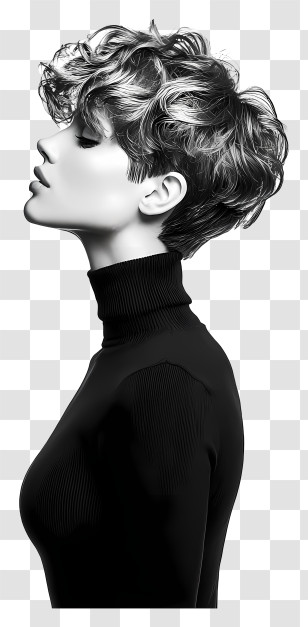 Wavy Pixie Cut - Monochrome Short-Haired Woman Profile Transparent PNG