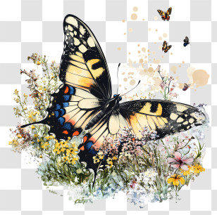Butterfly Scenery - Butterfly In A Flower Field Transparent PNG