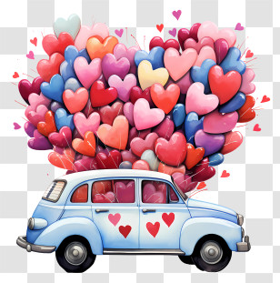 Blue Car - Whimsical Vintage Car With Heart Balloons For A Romantic Vibe Transparent PNG