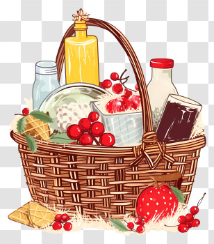 Wicker Basket - Picnic Basket With Fruits And Drinks Transparent PNG