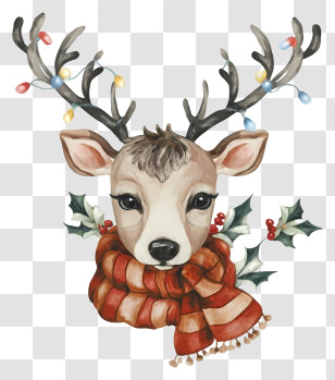 Watercolor Illustration - Festive Cartoon Reindeer With Decorated Antlers Transparent PNG