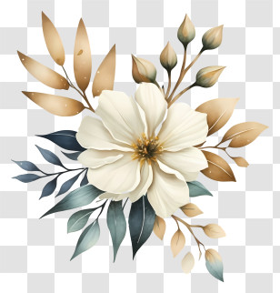 Cartoon - Elegant White Flower With Gold Leaves Illustration Transparent PNG