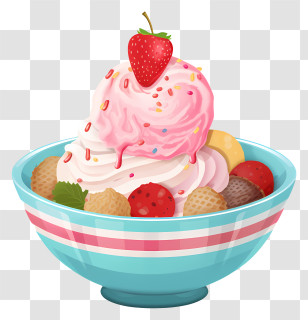Ice Cream - Bowl Of Strawberry Ice Cream With Toppings Transparent PNG