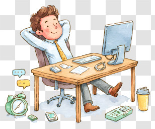 Office Worker Relaxing At Desk - Relaxed Office Worker At Desk Transparent PNG