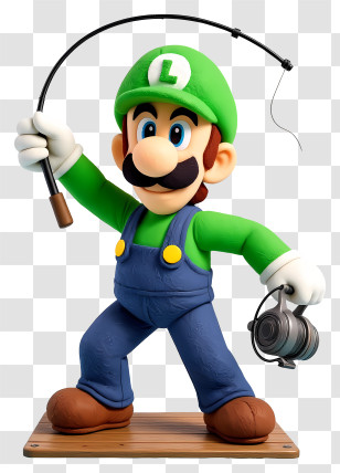 Luigi - Green And Blue Cartoon Character With Fishing Rod Transparent PNG