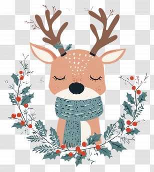 Christmas Deer - Cute Reindeer With Decorative Christmas Wreath Transparent PNG