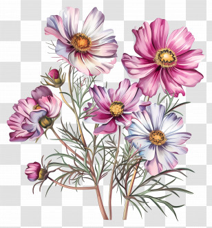 Cosmos Flower - Pink Cosmos Flowers Botanical Illustration Transparent PNG