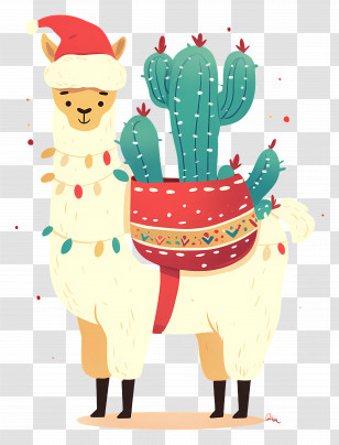 Cute Llama - Festive Alpaca With Holiday Cactus Illustration Transparent PNG