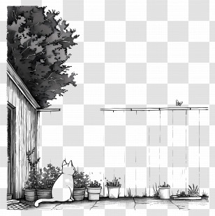 Summer Backyard - Cat Sitting In Garden Looking At Butterfly Transparent PNG