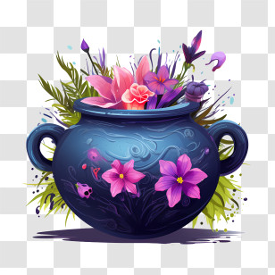 Poison Cauldron - Colorful Flower Pot With Blooming Flowers Transparent PNG
