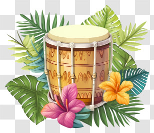 Wooden Drum - Wooden Tropical Drum With Hibiscus Flowers Transparent PNG