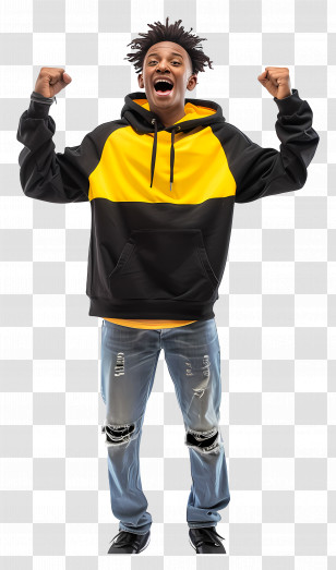 Excited Black Man - Excited Young Man Cheering In Yellow And Black Hoodie Transparent PNG