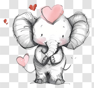 Valentine Elephant Sketch Line - Cute Elephant Holding Hearts Illustration Transparent PNG