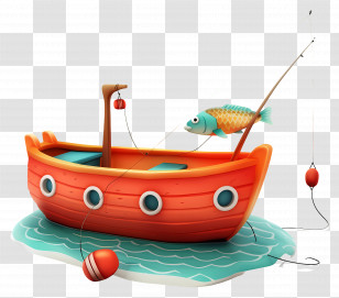 Go Fishing Day - Red Fishing Boat With Fish And Rod Transparent PNG