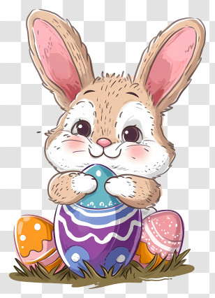 Vector Draw Character Design - Adorable Easter Bunny With Colorful Eggs Transparent PNG