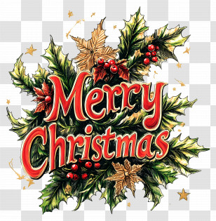 Merry Christmas - Merry Christmas With Holly Leaves And Berries Illustration Transparent PNG