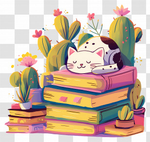 Cat Sleeping On Books - Adorable Cat Sleeping On Books In A Warm Setting Transparent PNG