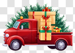 Red Truck - Red Pickup Truck With Gifts And Christmas Tree Transparent PNG