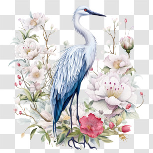 Crane Flower - Elegant Heron With Floral Background Transparent PNG
