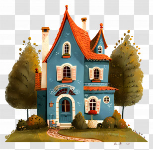 Country House - Cartoon Blue House With A Red Roof And Garden Transparent PNG