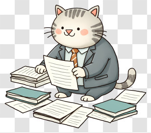 Chubby Businessman Cat - Business Cat Reviewing Documents Transparent PNG